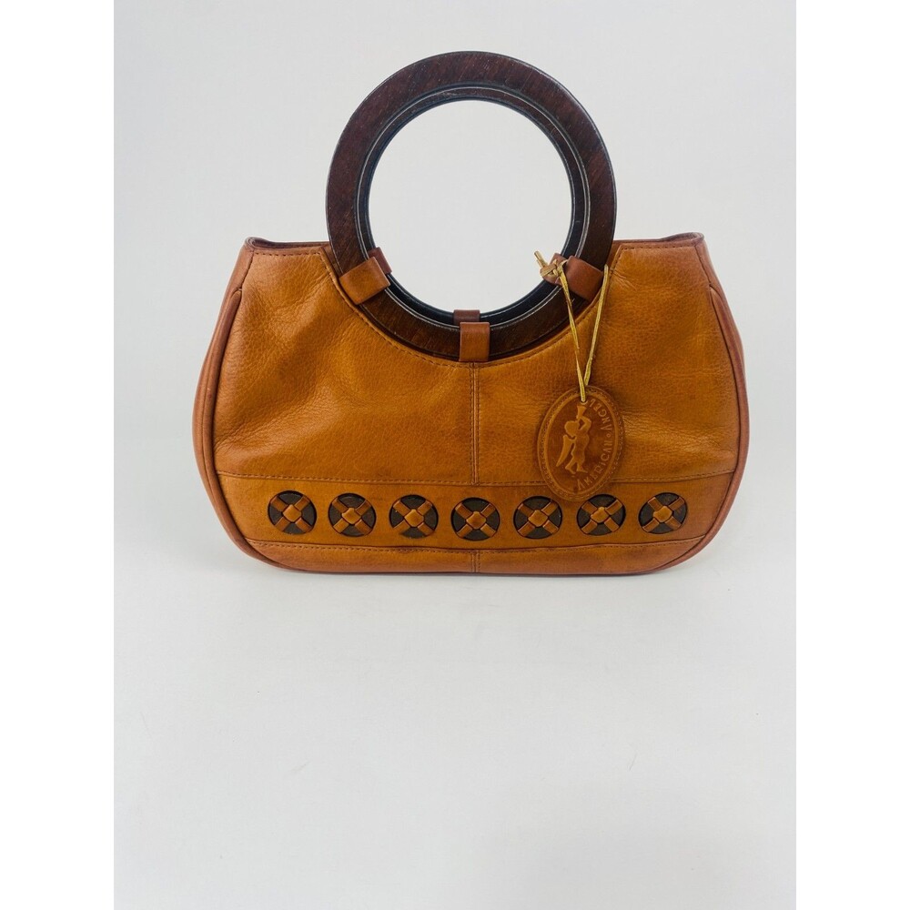 Vintage American Angel Tan Leather Handbag Wooden Handle Woven Accents